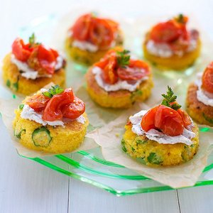 Okra Cornmeal Cakes with Chevre and Roasted Tomatoes