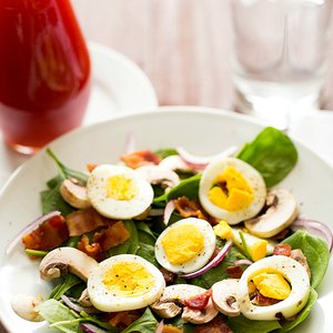 Warm Spinach Salad with Bacon, Mushrooms and Hard-Boiled Eggs