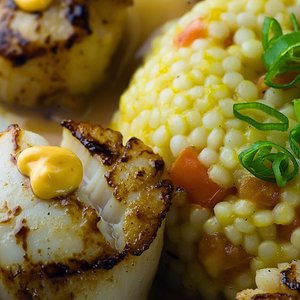 Blackened Scallops with Mango Tomato Couscous and Chili Aioli