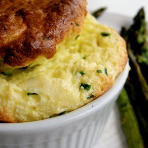 Green Garlic, Chive and Cheese Souffles with Roasted Asparagus