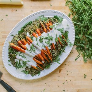 Grilled Carrots over Lentils with Horseradish Yogurt Sauce