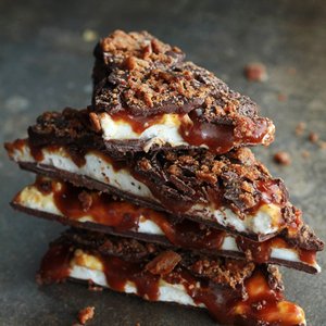 Whiskey Marshmallow and Caramel Bacon Bark