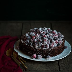 Cinnamon Chocolate Sunken Souffle Cake with Sparkling Cranberries