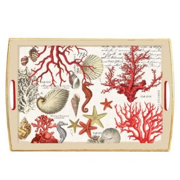 Decoupage Wooden Tray, Red Coral