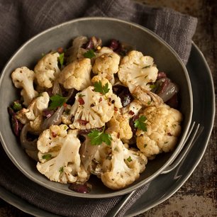 Roasted Cauliflower Salad with Anchovies, Olives and Capers