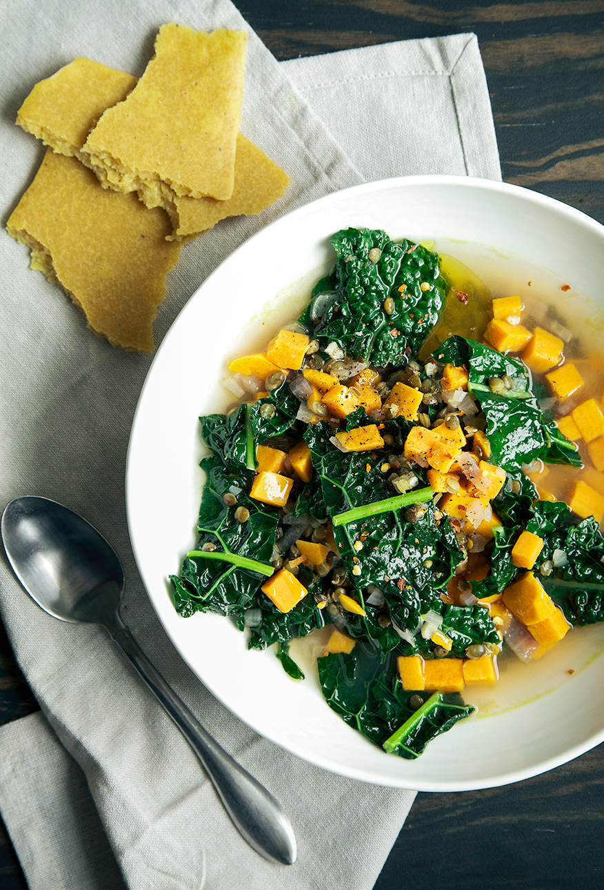 Simple Garlic and Greens Soup with Smoky Chickpea Flatbread